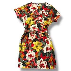 Vintage Carol Andersson California Sheath Dress Floral Belted Pockets Rayon XS